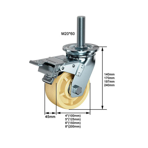 Heavy Duty Eight Inch Nylon Swivel Casters With M20 Threaded Stem And Locking Brakes Rock Solid Double Ball Bearings Rolls Like A Dream side view showing dimensions