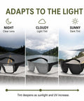 Kickass Ansi Z87 Safety Glasses Featuring Hella Smooth Photochromic Anti Blue Light Lenses With Solid UV400 Protection Lightweight Polycarbonate Frame In Matte Black showing night, cloudy, and sunny tints.