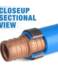 Closeup sectional view of copper ring crimping on PEX tubing using Pex Crimping Tool Dual Size One Half Inch And Three Quarter Inch.