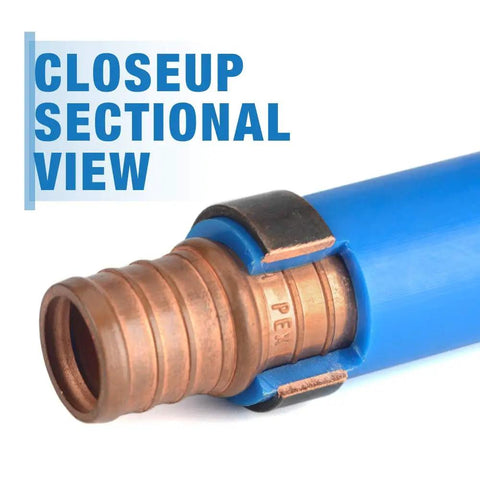 Closeup sectional view of copper ring crimping on PEX tubing using Pex Crimping Tool Dual Size One Half Inch And Three Quarter Inch.