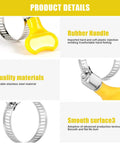 Close-up of 4 Pack Yellow Stainless Steel Hose Clamps with Adjustable Thumb Screw Key Style Worm Gear Design for heavy-duty use
