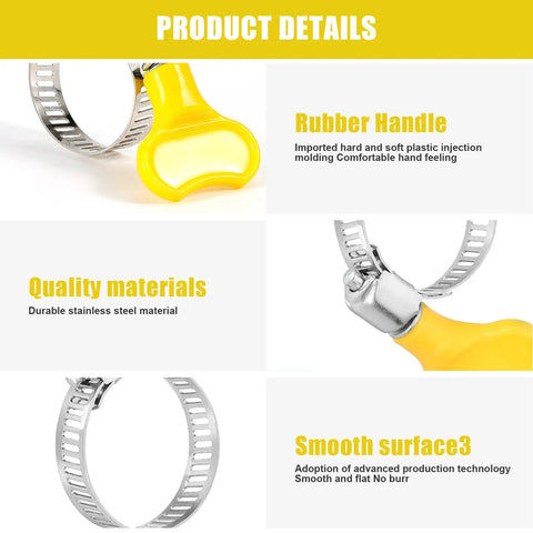 Close-up of 4 Pack Yellow Stainless Steel Hose Clamps with Adjustable Thumb Screw Key Style Worm Gear Design for heavy-duty use