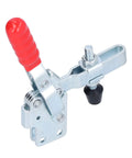 Tough As Nails Hardcore Pro Grade Vertical Quick Toggle Clamp Fixture With Easy Grip Handle For Secure Metal Plate And Circuit Board Welding Tasks On Every Woodworking Project, showing metal clamp with red handle.