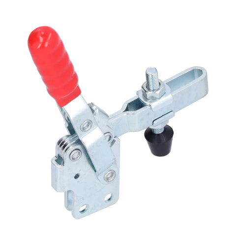 Tough As Nails Hardcore Pro Grade Vertical Quick Toggle Clamp Fixture With Easy Grip Handle For Secure Metal Plate And Circuit Board Welding Tasks On Every Woodworking Project, showing metal clamp with red handle.