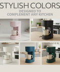Eco Series Single Serve Coffee Maker For K Cup And Ground Coffee in various colors on kitchen countertops.