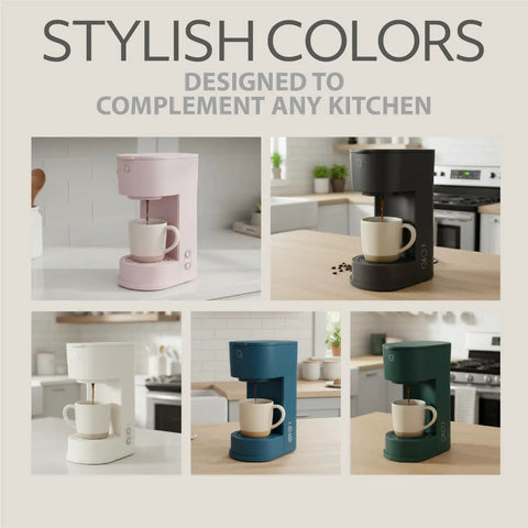 Eco Series Single Serve Coffee Maker For K Cup And Ground Coffee in various colors on kitchen countertops.