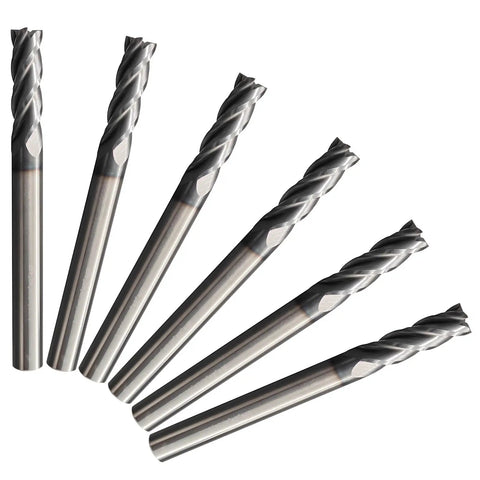 Six Piece Carbide Square End Mill Set In Three Sixteenth Inch Size Four Flute TiAlN Coated CNC Milling Bits For Steel
