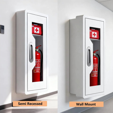 Heavy Duty Durable Metal Fire Extinguisher Cabinet With Magnetic Door And Acrylic Window Holds 2 5 10 Lb Extinguishers Plus First Aid Kit Semi Recessed Or Wall Mount For Indoor And Outdoor White
