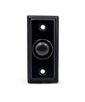 Front view of a black powder coated wired doorbell button with recess mount old school vintage cast iron style antique finish.