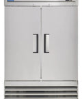 Commercial Two Door Reach In Freezer 54 Inch Wide 47 Cubic Foot Capacity Stainless Steel Double Door Cold Storage front view.