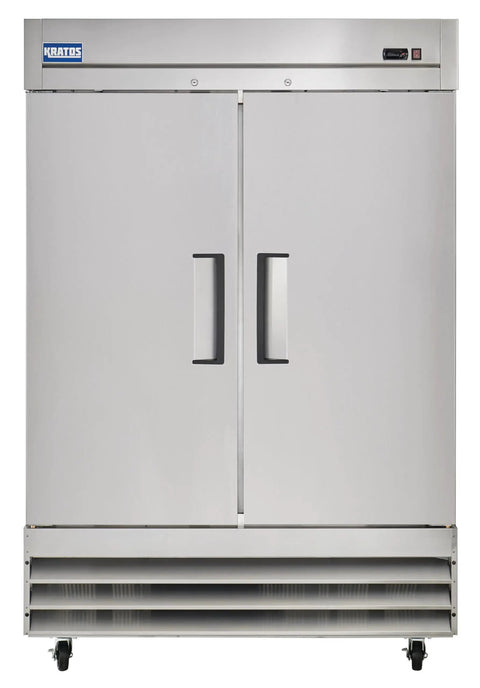 Commercial Two Door Reach In Freezer 54 Inch Wide 47 Cubic Foot Capacity Stainless Steel Double Door Cold Storage front view.