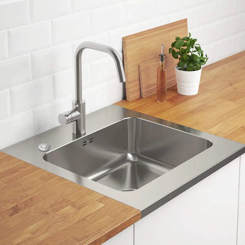 Long Three Point Five Inch Sink Top Push Button Garbage Disposal Switch Cordless Air On Off Kit Stainless Steel Polished Finish installed.