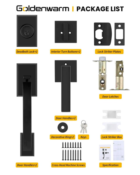 Matte Black Double Front Door Lock Set With Reversible Lever Handle And Dummy Door Handle package contents