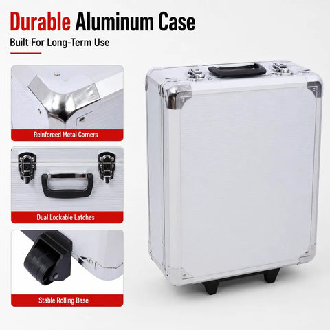 899-Piece Home Repair Tool Set With Rolling Aluminum Tool Chest And Four-Drawer Case, lockable latches, reinforced corners