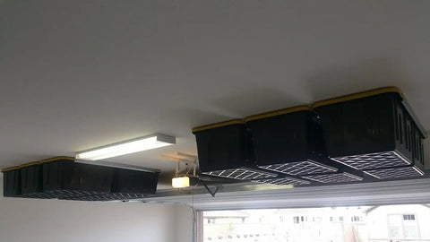 Overhead Garage Storage System With One Or Two Six Tote Sets Using Greenmade 27 Gallon Totes Sold By Costco Patent Protected Design