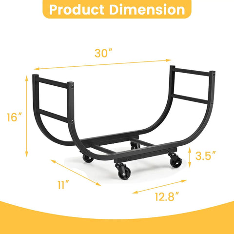 Heavy Duty Firewood Rack With Casters For Indoor Or Outdoor Use Matte Black Wood Carrier On Wheels with dimensions labeled