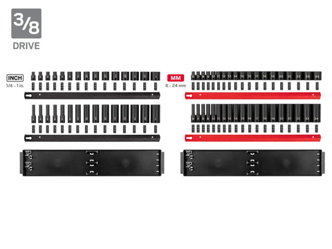 230-Piece Impact Socket Set With Rails And Trays, 3/8 Inch Drive, SAE and Metric Sockets, Twist-to-Lock Clips Visible