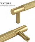 Solid Brass Cabinet Pulls 4 Pack 3 3/4 Inch Brushed Gold Modern Drawer Handles with knurled texture, 96mm hole centers, close-up view