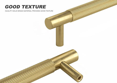 Solid Brass Cabinet Pulls 4 Pack 3 3/4 Inch Brushed Gold Modern Drawer Handles with knurled texture, 96mm hole centers, close-up view