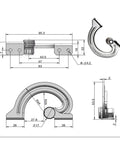 Stainless steel adjustable damping hinge with concealed torque; rendering shows front and side views.