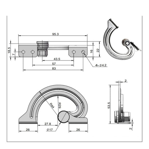 Stainless steel adjustable damping hinge with concealed torque; rendering shows front and side views.