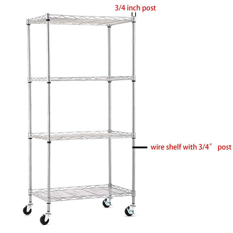 Set Of 4 Wire Shelf Caster Wheels For 0.75 Inch Post Shelving Posts shown installed on a metal rack with 3/4 inch posts