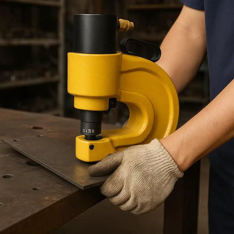 Person using 30 Piece Hydraulic Hole Punch Die Set For CH70 And CH70L with heavy-duty chrome steel dies on metal sheet.