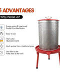 Water-Powered Fruit Wine Press For Home Cider And Natural Juice Making, Electricity-Free Hydraulic Press With 10.7 Gallon Capacity, Includes Filter Bag And Splash Guard, Awesome For Easy DIY Wine, Cider, And Fresh Juice, red metal press