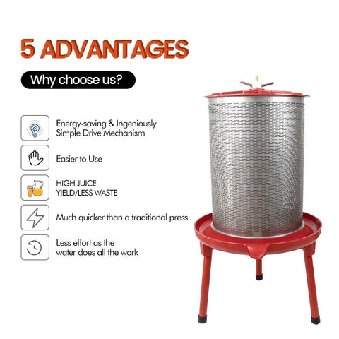 Water-Powered Fruit Wine Press For Home Cider And Natural Juice Making, Electricity-Free Hydraulic Press With 10.7 Gallon Capacity, Includes Filter Bag And Splash Guard, Awesome For Easy DIY Wine, Cider, And Fresh Juice, red metal press