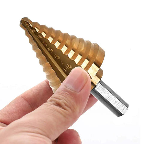 Close-up of hand holding a Beefy Six Piece Countersink Step Drill Bit Set With Automatic Center Punch HSS Cobalt Titanium Drill Bits with Hex Shank.