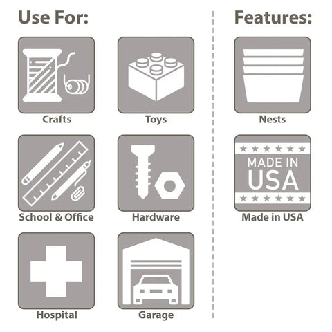 Icons showing uses for blue plastic shelf bins, including crafts, toys, school, office, hardware, hospital, garage, made in USA