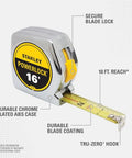 16 Foot Tape Measure Powerlock With Tru Zero End Hook Locking Blade Pro Grade Durable Chrome ABS Case Mylar Blade Longevity