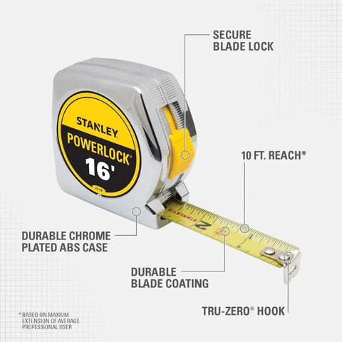 16 Foot Tape Measure Powerlock With Tru Zero End Hook Locking Blade Pro Grade Durable Chrome ABS Case Mylar Blade Longevity
