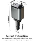 Retractable Car Charger 84W USB C Fast Charge For 12V Cigarette Lighter Sockets 4 in 1 with retracting instructions and measurements.