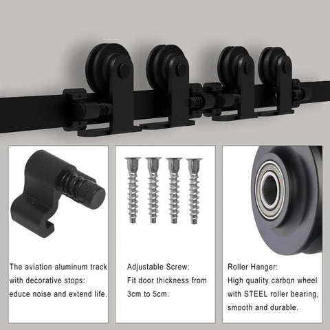 9Ft Sliding Barn Door Hardware Kit For Double Doors, black top mount track system, quiet rollers, heavy duty carbon steel