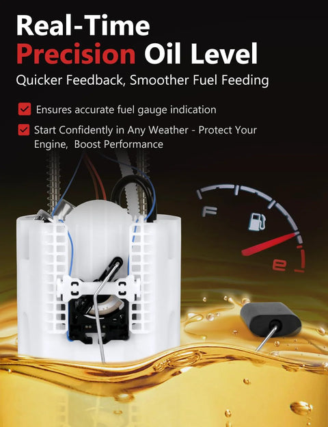Close-up of E3609M Fuel Pump Assembly For Chevy And GMC Silverado with pressure sensor and oil level gauge graphic.
