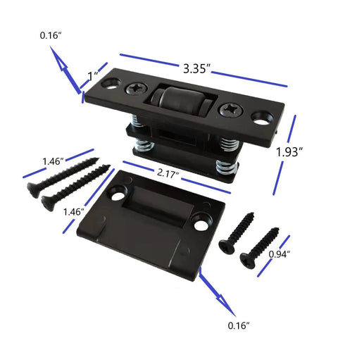 Heavy Duty Zinc Alloy Door Ball Catch Set Tough As Nails, Silent And Adjustable Square Strike, Satin Black Finish, Easy Install For Cabinets Closets And Interior Doors, Pack Of 2 with dimensions and screws