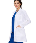 Woman wearing Womens Lab Coat With Three Pockets Medical Lab Coat For Science Chemistry And College White Medium All Day Comfort