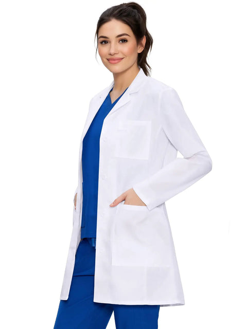 Woman wearing Womens Lab Coat With Three Pockets Medical Lab Coat For Science Chemistry And College White Medium All Day Comfort