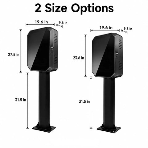 Tough As Nails Galvanized Steel EV Charger Lock Box With Outdoor Pedestal Stand, Hella Weatherproof And Well Vented Cover dimensions showing two sizes.