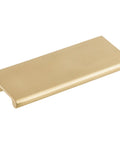 Gold-tone cabinet pull, flat bar design, viewed at an angle, suitable for modern and transitional hardware installations on doors and drawers.