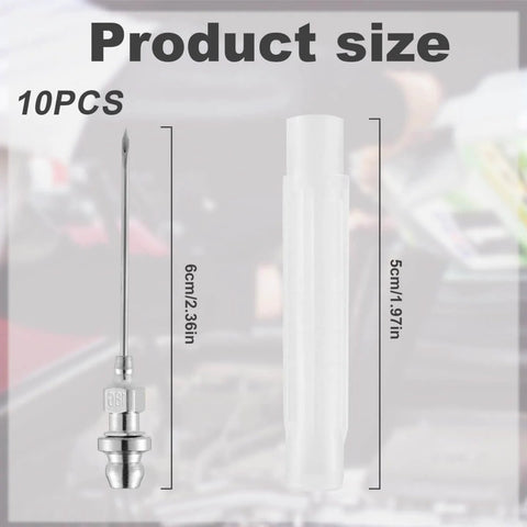 10 Piece Grease Injector Needle Kit For Most Grease Guns, 6cm Steel Nozzle Tips, shown with size dimensions, automotive tool