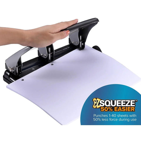 Person using EZ Squeeze Heavy Duty 3 Hole Punch With 40 Sheet Capacity, All Metal Build, Fifty Percent Less Force, shown in action