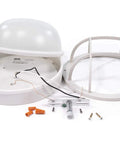Disassembled view of Outdoor 10 Inch Round LED Nautical Bulkhead Light Flush Mount for Wall or Ceiling with parts, white aluminum.