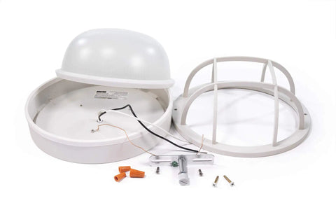 Disassembled view of Outdoor 10 Inch Round LED Nautical Bulkhead Light Flush Mount for Wall or Ceiling with parts, white aluminum.