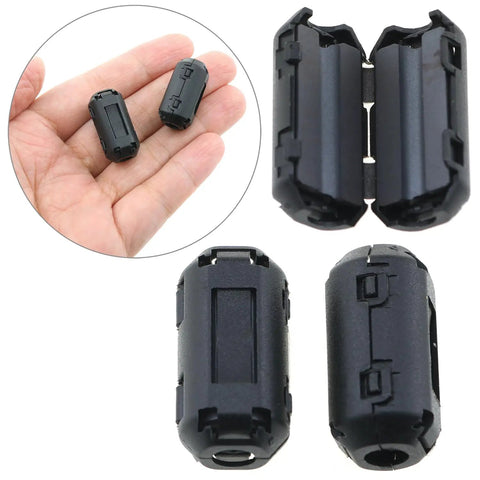 12-Pack 3.5mm Degaussing Filters Anti Jammer Noise Filters showing dual clip locking housings in hand and open view.
