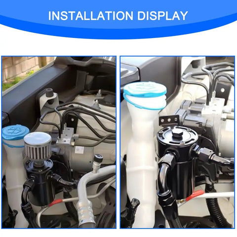 Beefy Aluminum Oil Catch Can Kit with Adapters and Drain Valve installed in vehicle engine bay