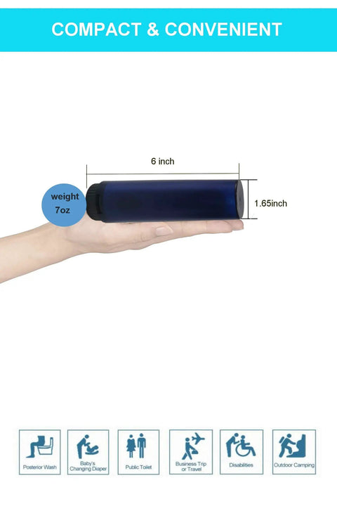 Upgraded Portable Travel Bidet With Large 400ml Water Bottle held, showing dimensions of 6 inches by 1.65 inches, weight 7 oz