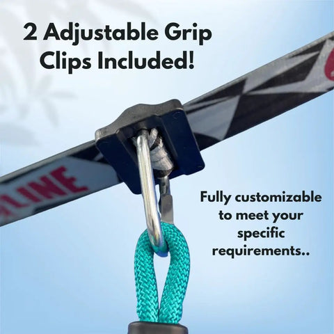 Ninjaline 36 Foot Intro Kit With Seven Hanging Attachments, showing adjustable grip clip and turquoise rope for setup.