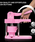 Awesome Vibrant Pink Button Maker Press With Three Size Dies And One Fifty Pcs Badge Supplies in use, showcasing its sturdy design and operation.